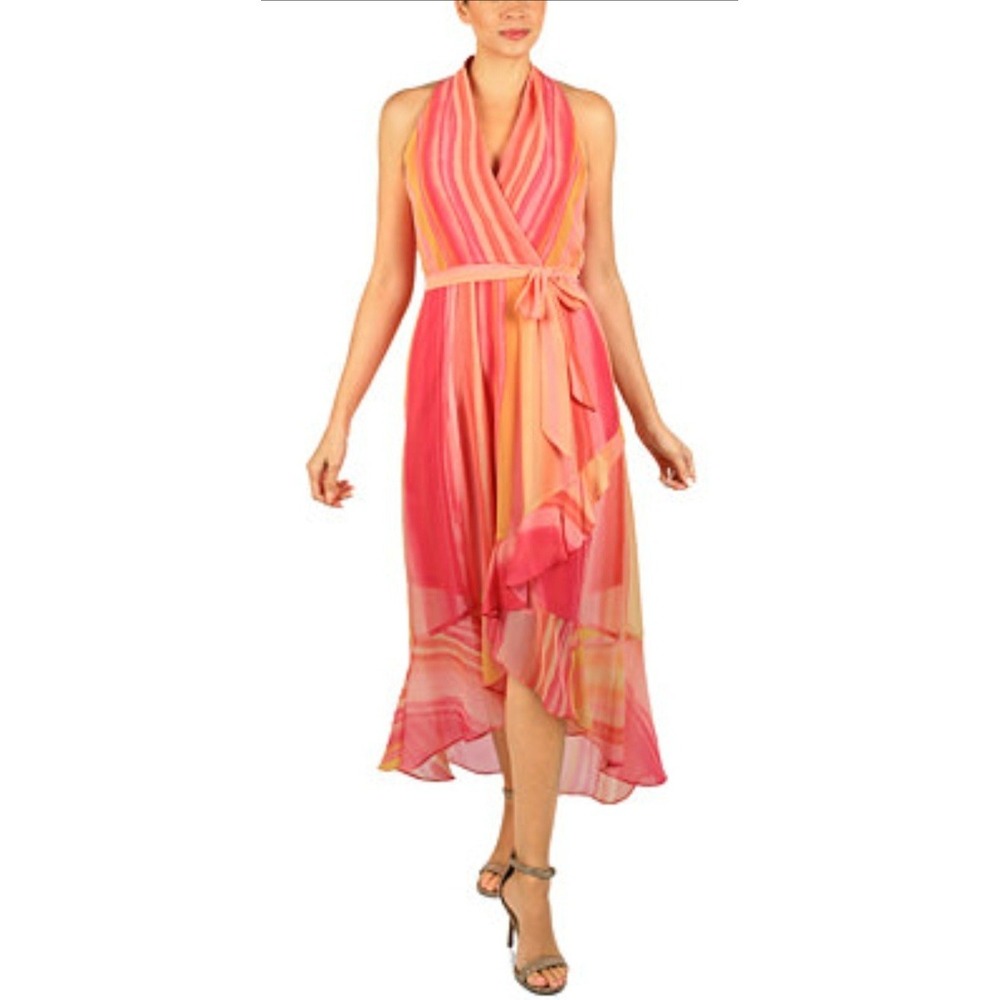 Julia Jordan Coral Pink Orange Halter Ruffle Hem V-Neck‎ Midi/Maxi Dress 6 NWT